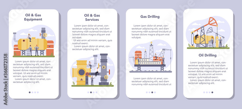 Oil and gas industry mobile application banner set. Fuel factory,