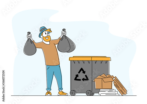 Man at Household Activities, Duties. Male Character Throw Garbage into Recycling Container, Garbage Recycle Litter Bin