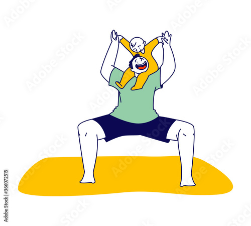 Young Man Practicing Yoga Sports Activity with Baby at Home. Male Character Squat Stretching Legs and Arms Exercise