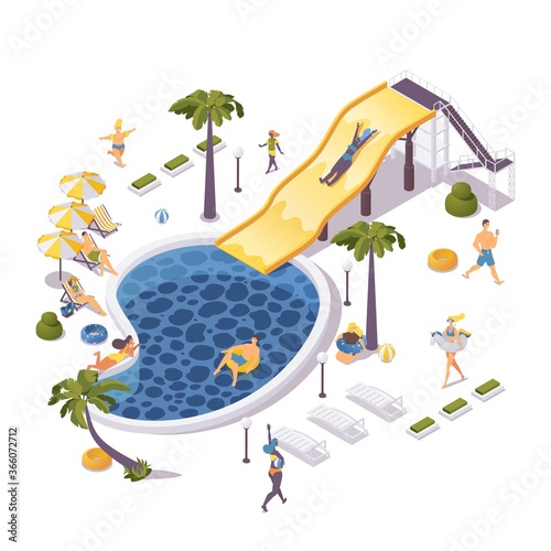 Isometric aqua park concept scene with people relaxing on lounge chair, water slide