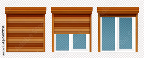 Plastic window with wooden rolling shutter isolated on transparent background. Vector realistic set of closed and open roller up for glass window, brown blind for office or shopfront