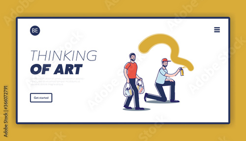 Man painting on wall, template street art landing page design. Street artist creating graffiti