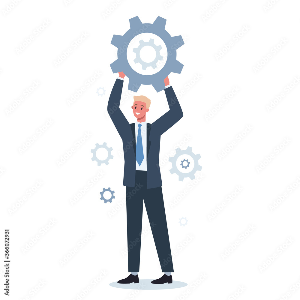 Business character holding wrench and gear. Idea of office worker Business character holding wrench and gear. Idea of office worker