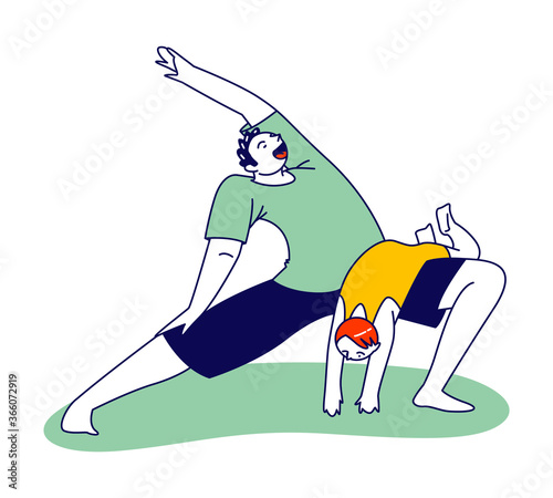 Man Doing Morning Exercises or Yoga Asana Together with Little Baby at Home. Male Character Conducting Healthy Lifestyle