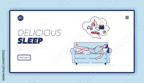 Insomnia treatment landing page with sleepless girl lying on sofa thinking