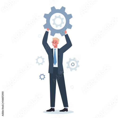 Business character holding wrench and gear. Idea of office worker