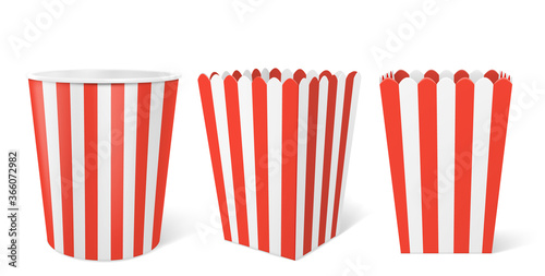 Striped paper box for popcorn isolated on white background. Vector realistic mock up of empty white and red bucket for pop corn, blank square and round pack for chicken, potato and snack in cinema