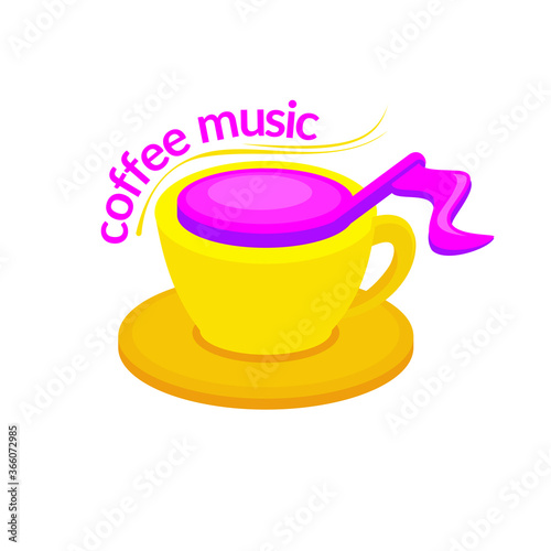 Coffee music logo or icon vector design, with yellow cup and pink music note symbol 