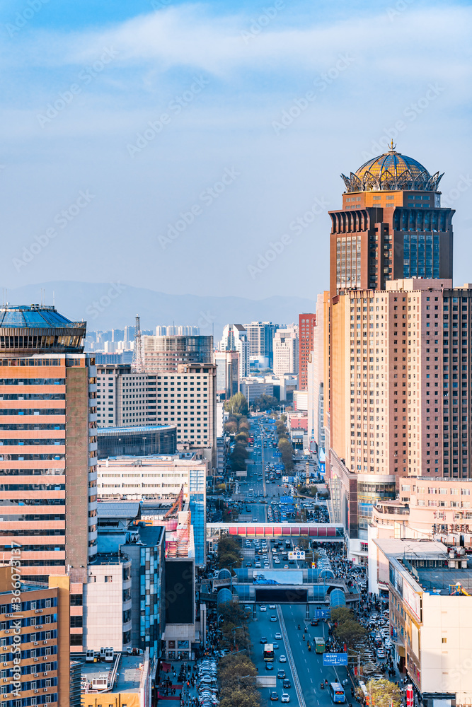 Fototapeta premium Urban architectural scenery of Zhongshan West Road Commercial Street, Hohhot, Inner Mongolia, China