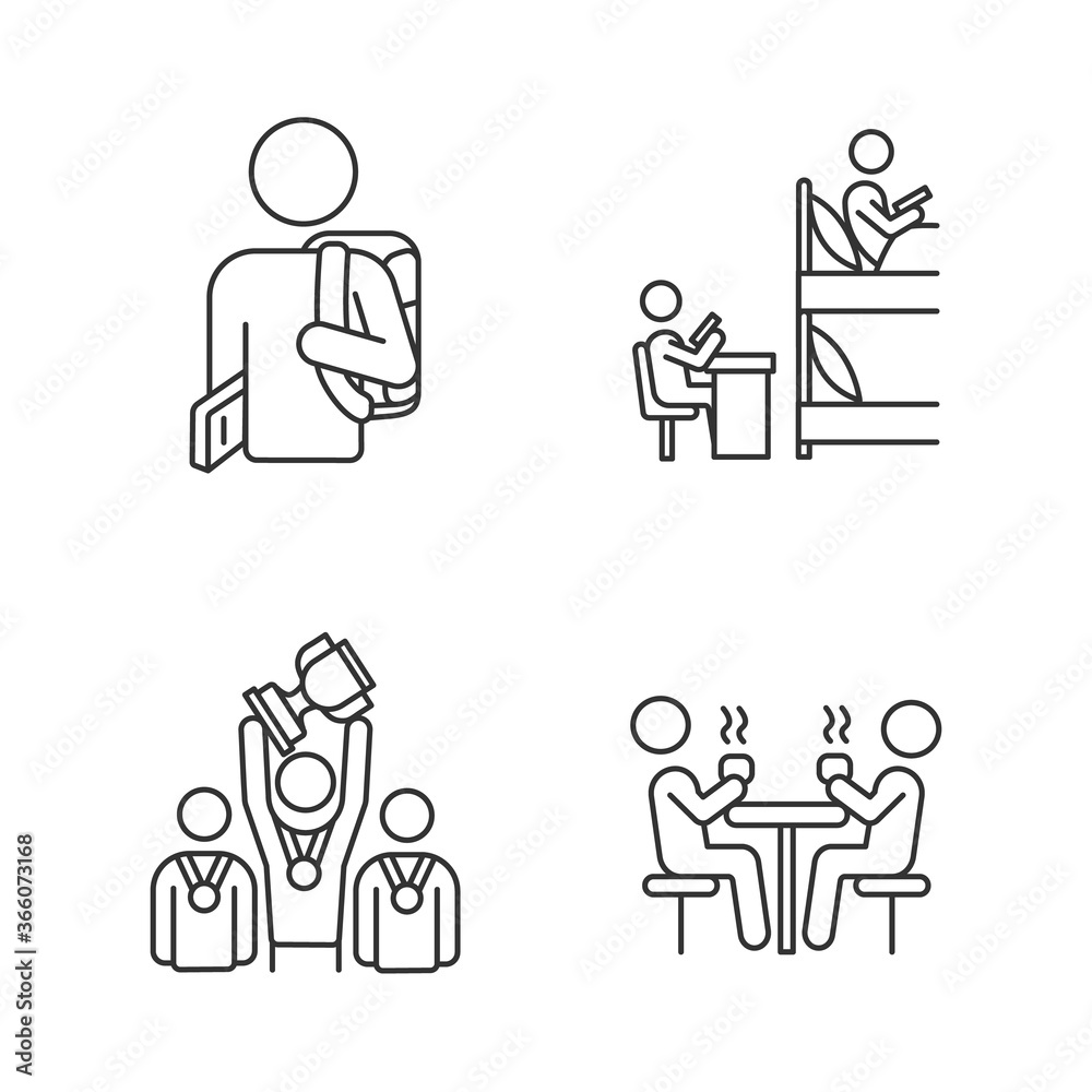 Student life pixel perfect linear icons set. Campus life and activities. Flatmates studying in dormitory room. Customizable thin line contour symbols. Isolated vector outline illustrations Student life pixel perfect linear icons set. Campus life and activities. Flatmates studying in dormitory room. Customizable thin line contour symbols. Isolated vector outline illustrations