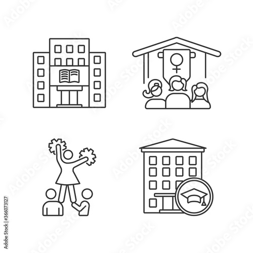 Freshman life pixel perfect linear icons set. University female organizations and sports. Cheerleading. Library building. Customizable thin line contour symbols. Isolated vector outline illustrations
