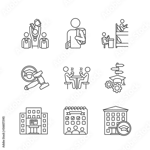 University life pixel perfect linear icons set. Freshmen life and activities. College education. Students residence hall. Customizable thin line contour symbols. Isolated vector outline illustrations