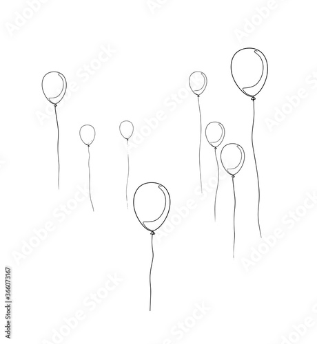 Continuous one line drawing. Abstract air balloons. Vector illustration. Air balloons. One line drawing of isolated vector object by hand on a white background. One line drawing balloons sketch