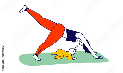 Young Woman Character Stand in Yoga Posture Exercising with Baby at Home. Yoga Class Practice, Healthy Lifestyle, Relax