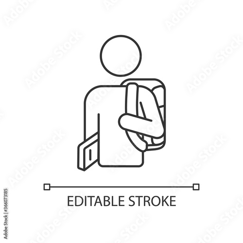 Freshman pixel perfect linear icon. Ninth grade student. High school pupil with rucksack. Thin line customizable illustration. Contour symbol. Vector isolated outline drawing. Editable stroke