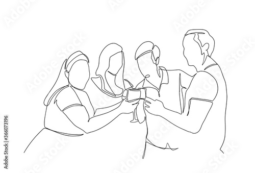 Continuous line drawing of company of friends celebrating.. Continuous one line drawing, vector of group people cheering with glasses of wine or champagne. Man and woman in party celebration