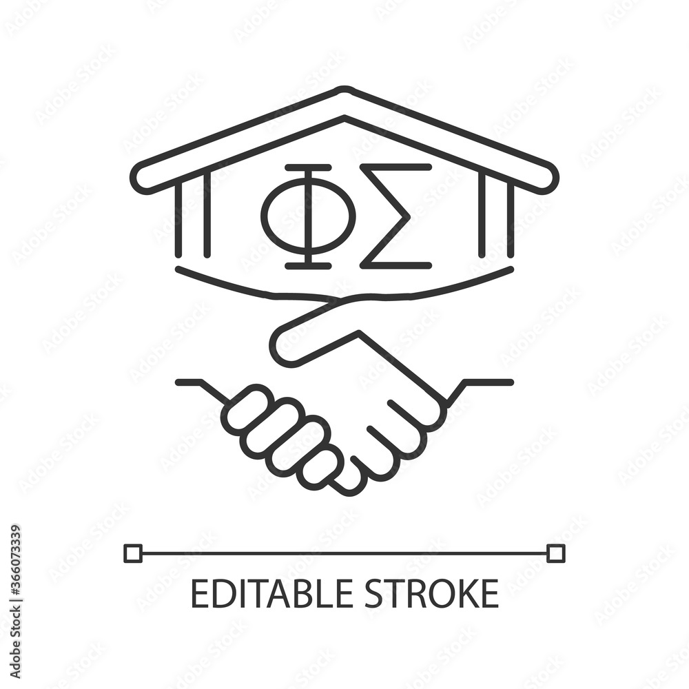 Fraternity pixel perfect linear icon. Fraternal organization in university. Men club, association. Thin line customizable illustration. Contour symbol. Vector isolated outline drawing. Editable stroke