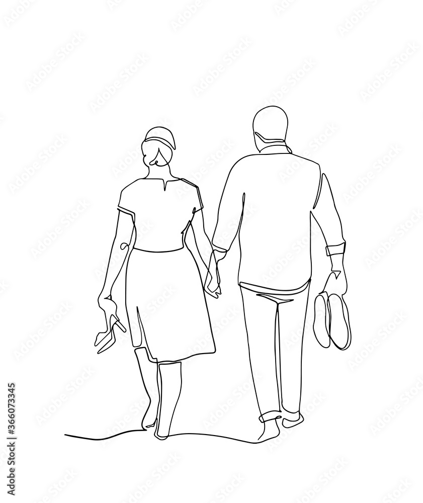 Young couple walking together holding hands continuous one line vector  drawing. Romantic date. Hand drawn family. Boyfriend and girlfriend hiking.  People in love. Minimalistic contour illustration. vector de Stock | Adobe  Stock