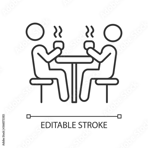 Dining hall pixel perfect linear icon. School cafeteria. Students having lunch at table. Thin line customizable illustration. Contour symbol. Vector isolated outline drawing. Editable stroke