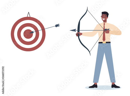 Business character aiming in target and shooting with arrow. Employee