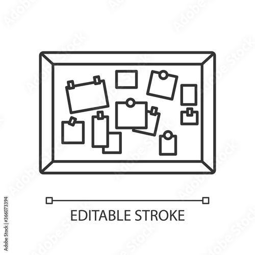 Bulletin board pixel perfect linear icon. Classroom corkboard. Notice board with notes. Thin line customizable illustration. Contour symbol. Vector isolated outline drawing. Editable stroke