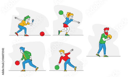Set of Character Playing Bowling, Young Men and Women Throw Ball on Lane, People Leisure, Friends Spend Time Together