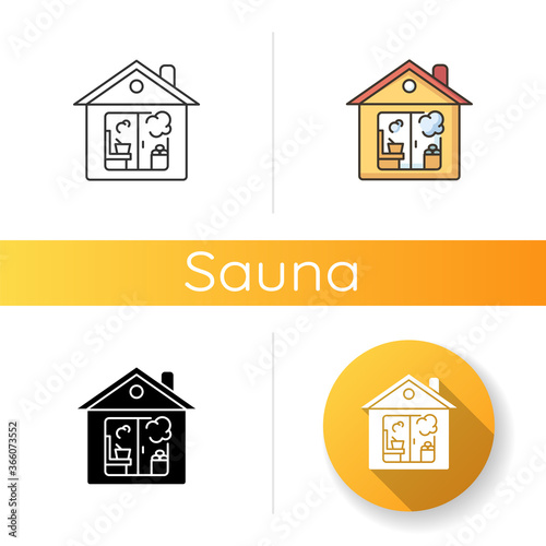 Indoor banya icon. Linear black and RGB color styles. Traditional wet sauna, russian banya. National steam bath with brooms and buckets. Bathhouse, vaporarium isolated vector illustrations