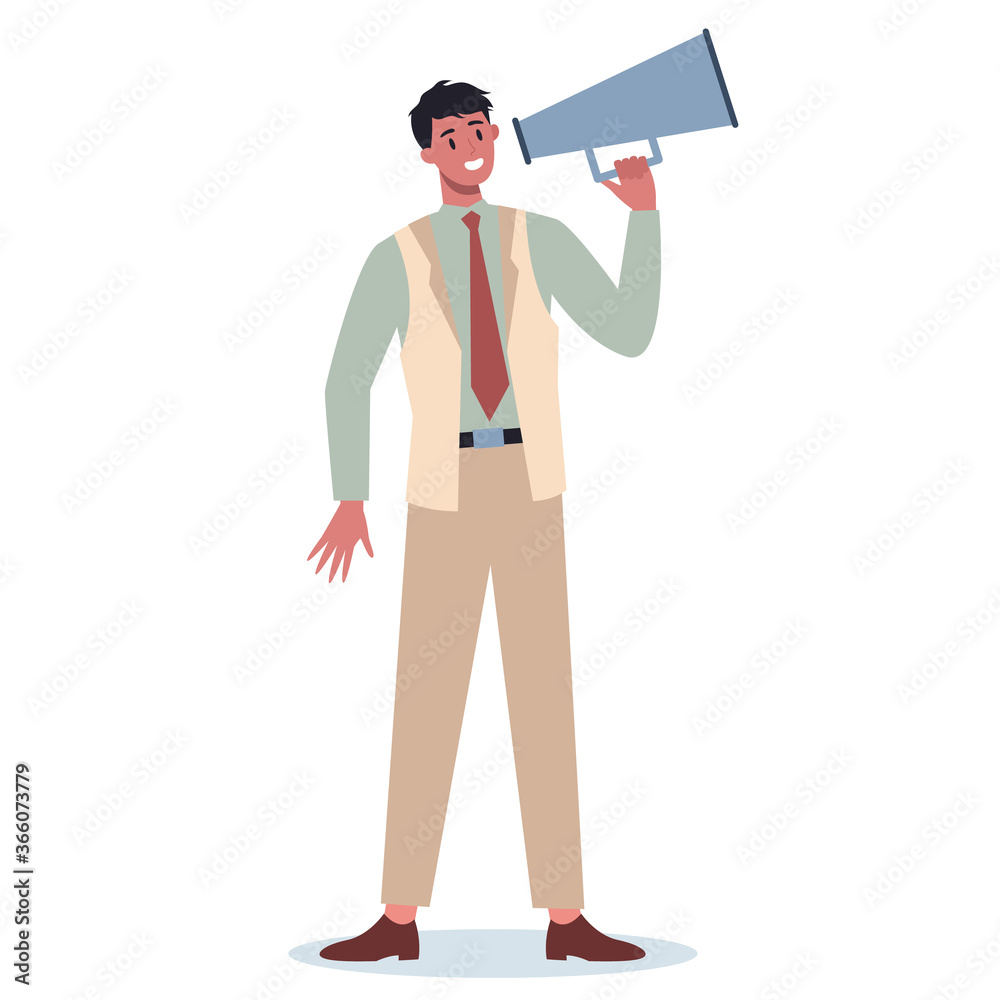 Business character standing with megaphone. Making special Business character standing with megaphone. Making special