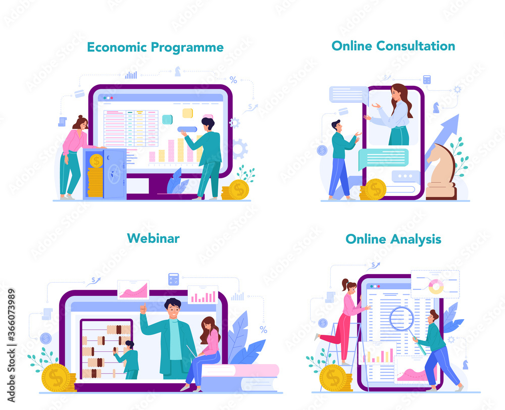 Economics and finance online service or platform set. Business people Economics and finance online service or platform set. Business people