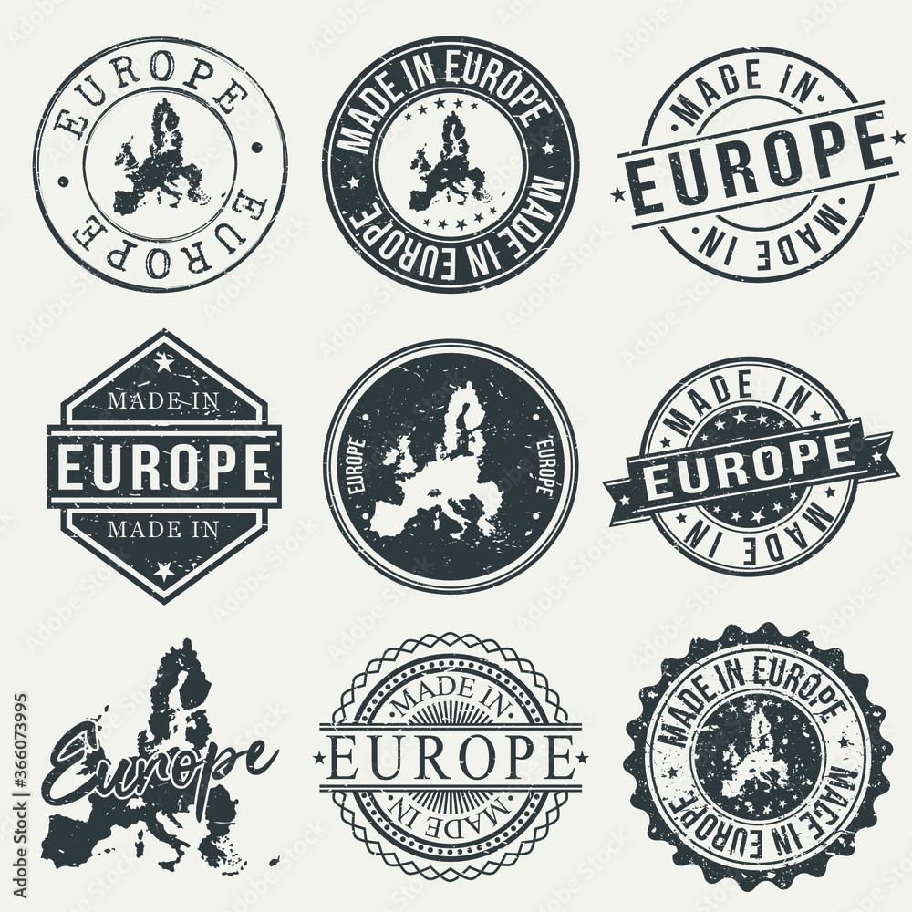 Europe Set of Stamps. Travel Stamp. Made In Product. Design Seals Old Style Insignia.