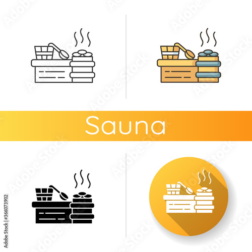 Steam room icon. Linear black and RGB color styles. Sauna recreation, vaporarium. Steam bath, bathhouse accessories. Water bucket, wooden spoon and heated stones isolated vector illustrations