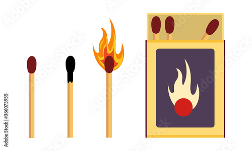Matchbox and matches in different condition. Fire on a wooden stick. Vector illustration
