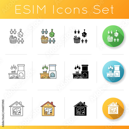 Sauna icons set. Linear, black and RGB color styles. Steam bath relaxation, heat therapy, healthy lifestyle. Indoor bathhouse, russian banya and single sex sauna. Isolated vector illustrations