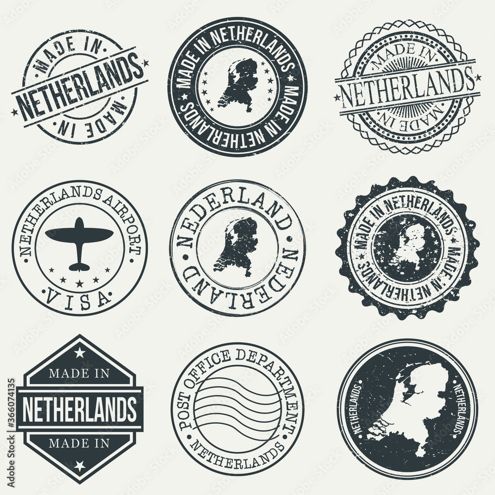 Netherlands Set of Stamps. Travel Stamp. Made In Product. Design Seals Old Style Insignia.
