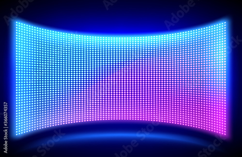 Led concave wall video screen with glowing blue and purple dot lights on black background. Vector illustration of grid pattern for led display on stadium or scene. Digital panel with mesh diode lamps photo