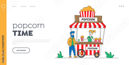 Summer Cafe Landing Page Template. Saleswoman Character Sell Pop Corn to Customer. Outdoor Cafeteria in Amusement Park