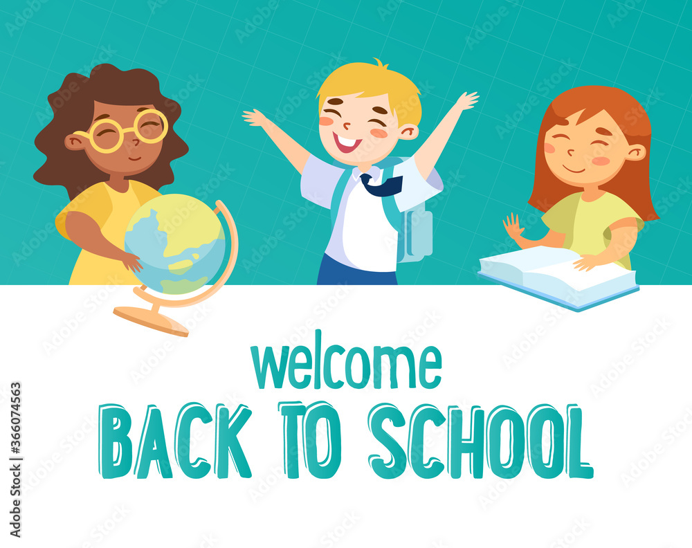 Welcome Back to School Concept. Smart Happy Kids Characters with Books and Globe, Schoolboy in Uniform with Backpack Welcome Back to School Concept. Smart Happy Kids Characters with Books and Globe, Schoolboy in Uniform with Backpack