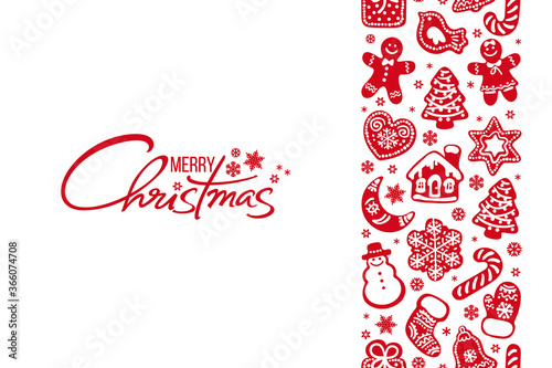 Merry Christmas greeting card Handwritten text and vertical seamless border composed of red gingerbread cookies
