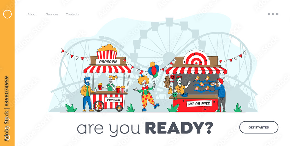 Characters Visit Amusement Park Landing Page Template. People Eating Out and Relax in Public Place, Buying Food in Booth