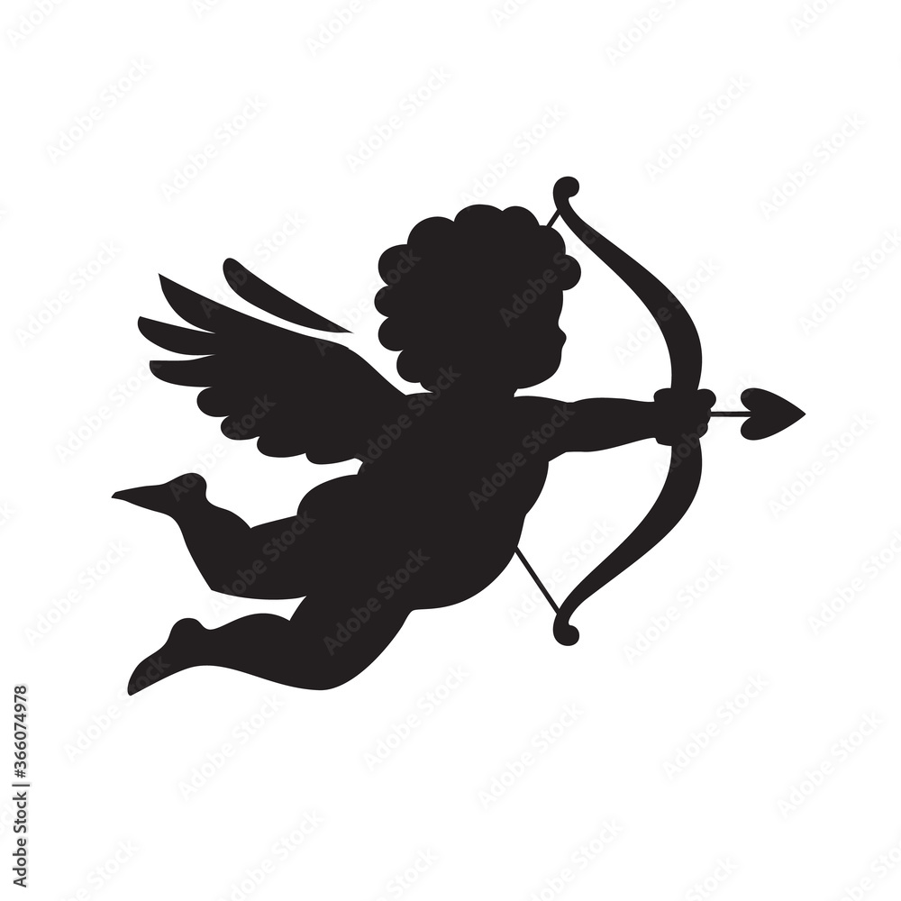 Black silhouette of Cupid aiming a bow and arrow. Valentines Day love ...