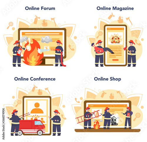 Fireman online service or platform set. Professional fire brigade