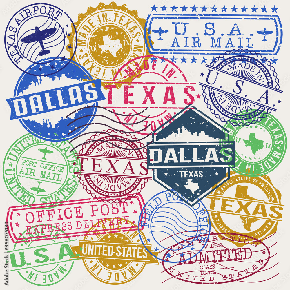 Dallas Texas Set of Stamps. Travel Stamp. Made In Product. Design Seals Old Style Insignia.