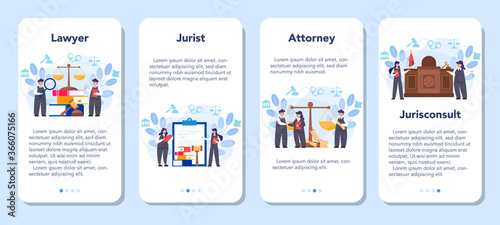 Professional lawyer mobile application banner set. Punishment and judgement.