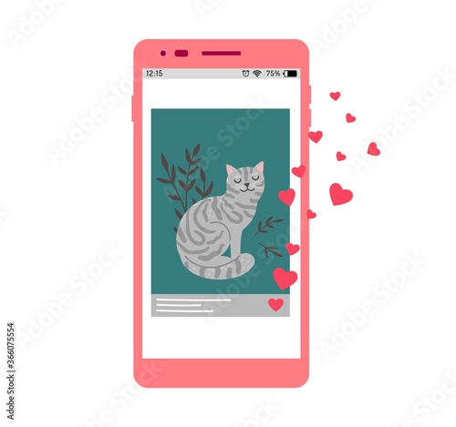 Social media post. Like for cat, cute kitten star of internet. Pet addiction, photo with animal on screen vector illustration