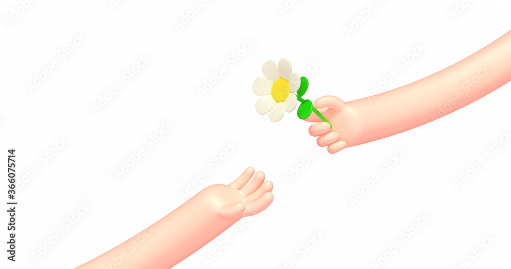 3d render cartoon business hand, chamomile flower 3d render cartoon business hand, chamomile flower