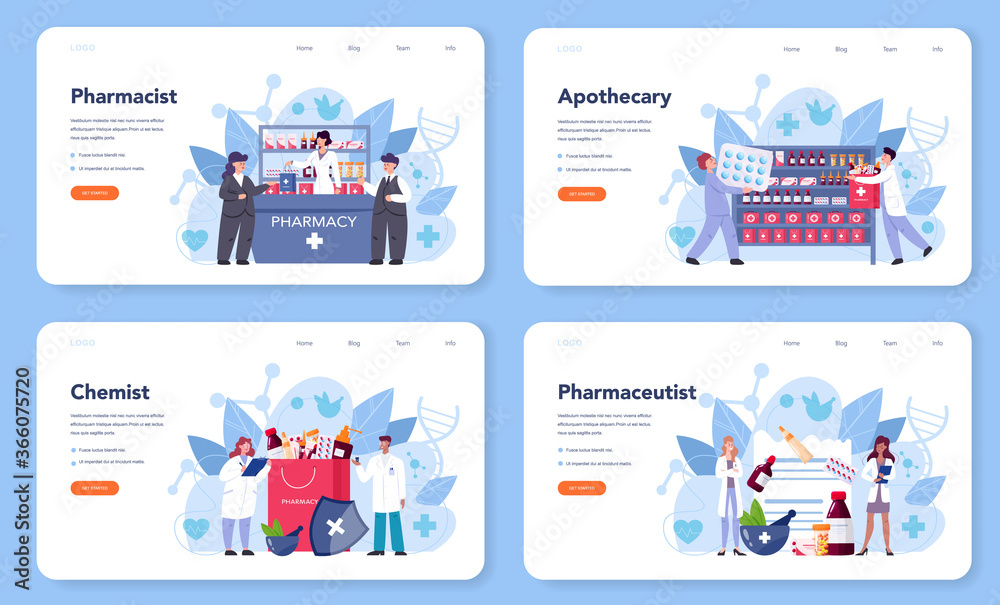 Pharmacist web banner or landing page set. Medication and health