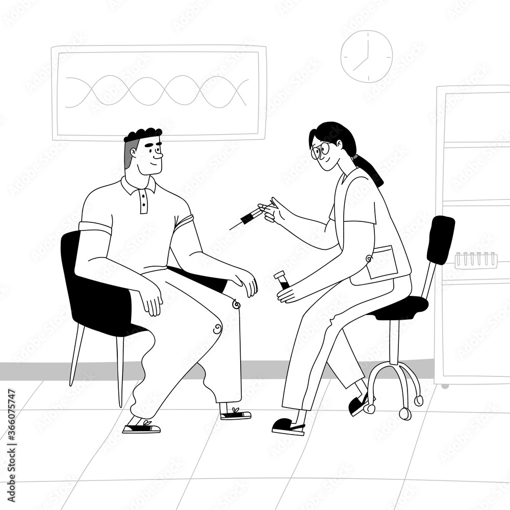 Vaccination concept. A nurse inoculates a man in a hospital. The doctor holds in his hand a syringe with a vaccine. Vector stock illustration black outline on a white background. Vaccination concept. A nurse inoculates a man in a hospital. The doctor holds in his hand a syringe with a vaccine. Vector stock illustration black outline on a white background.