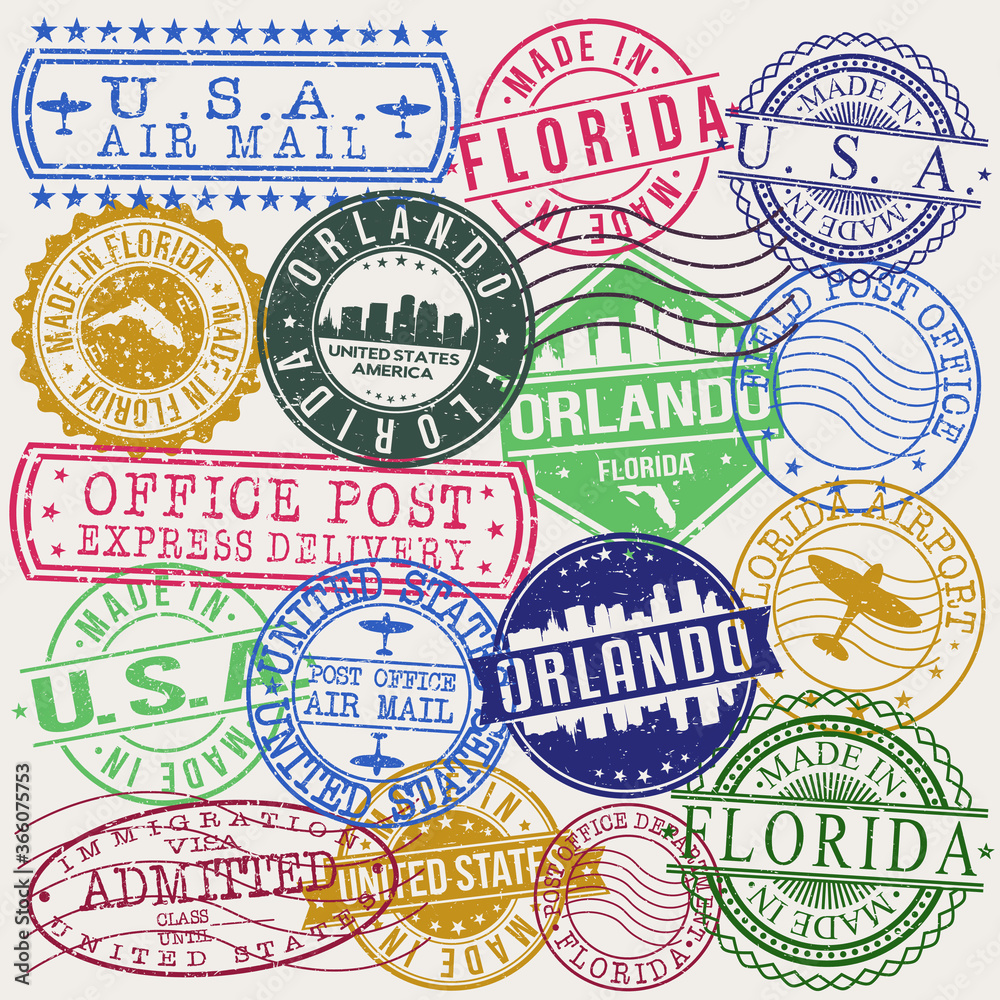 Orlando Florida Set of Stamps. Travel Stamp. Made In Product. Design