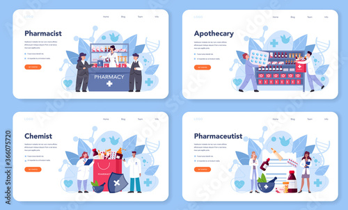 Pharmacist web banner or landing page set. Medication and health