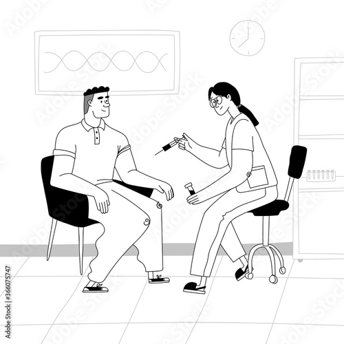 Vaccination concept. A nurse inoculates a man in a hospital. The doctor holds in his hand a syringe with a vaccine. Vector stock illustration black outline on a white background.